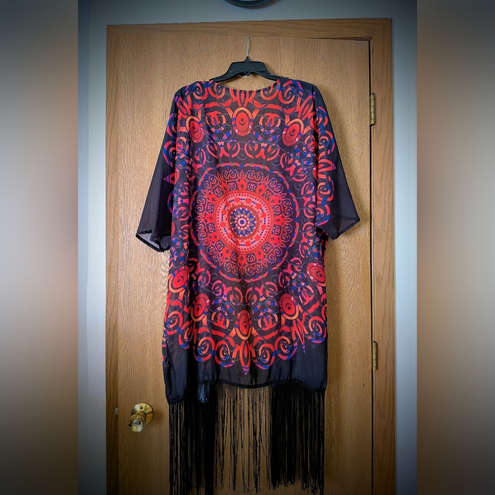 Bohemian Red and Black Kimono with Fringe